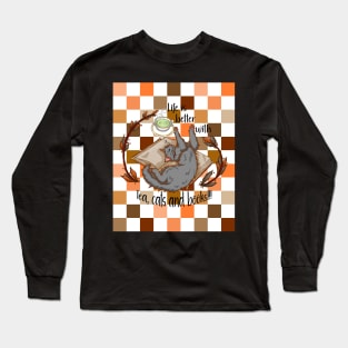 Life is better with tea, cats and books - Gray cat checkers Long Sleeve T-Shirt